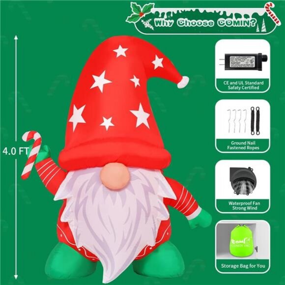 4FT Tall Christmas Inflatables Outdoor Decorations, Xmas Blow Up Gnomes - Picture 2 of 7